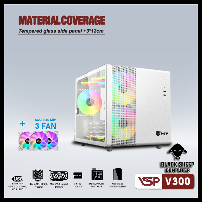 Vỏ Case VSP V300 WHITE (SẴN 3 FAN LED)