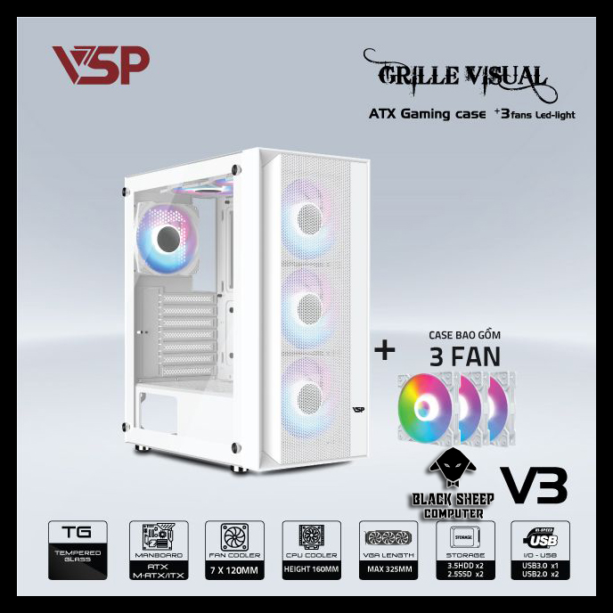 Vỏ Case VSP V3 WHITE (SẴN 3 FAN LED)