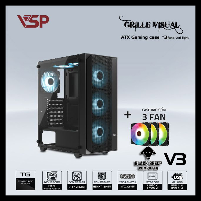 Vỏ Case VSP V3 BLACK (SẴN 3 FAN LED)